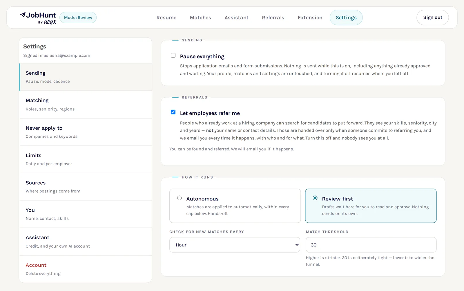 The settings screen, showing the pause switch, the referral consent switch, and the choice between applying automatically and reviewing each draft first.